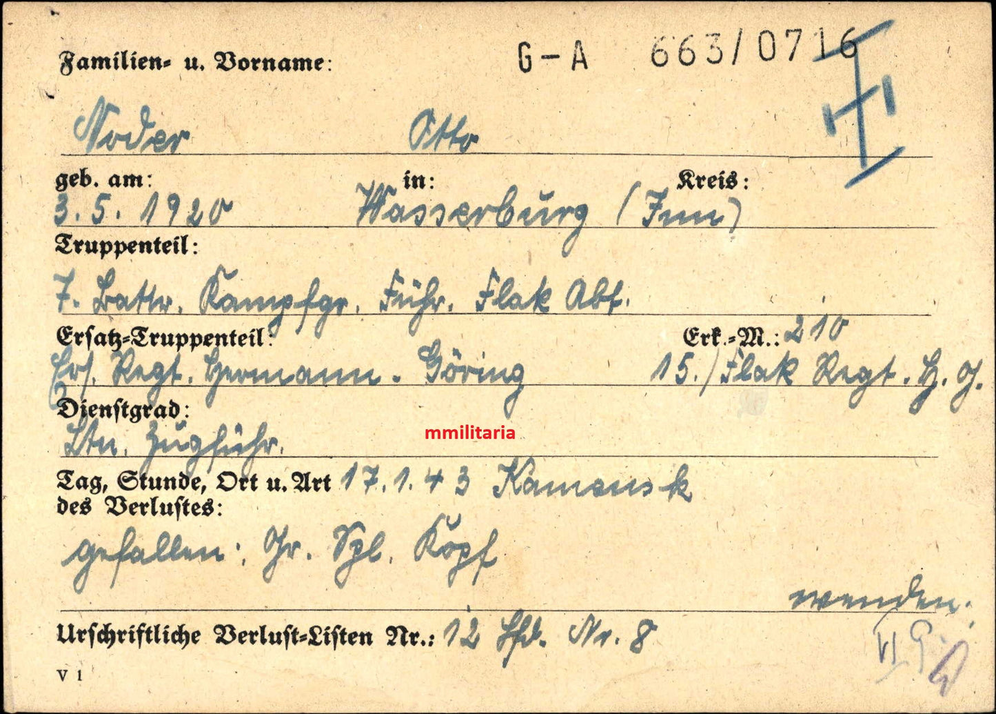 Sterbebild Leutnant Wasserburg am Inn 7. Batterie Kampfgruppe Führer Flak Abt. "Herman Göring" HG Stalingrad Russland