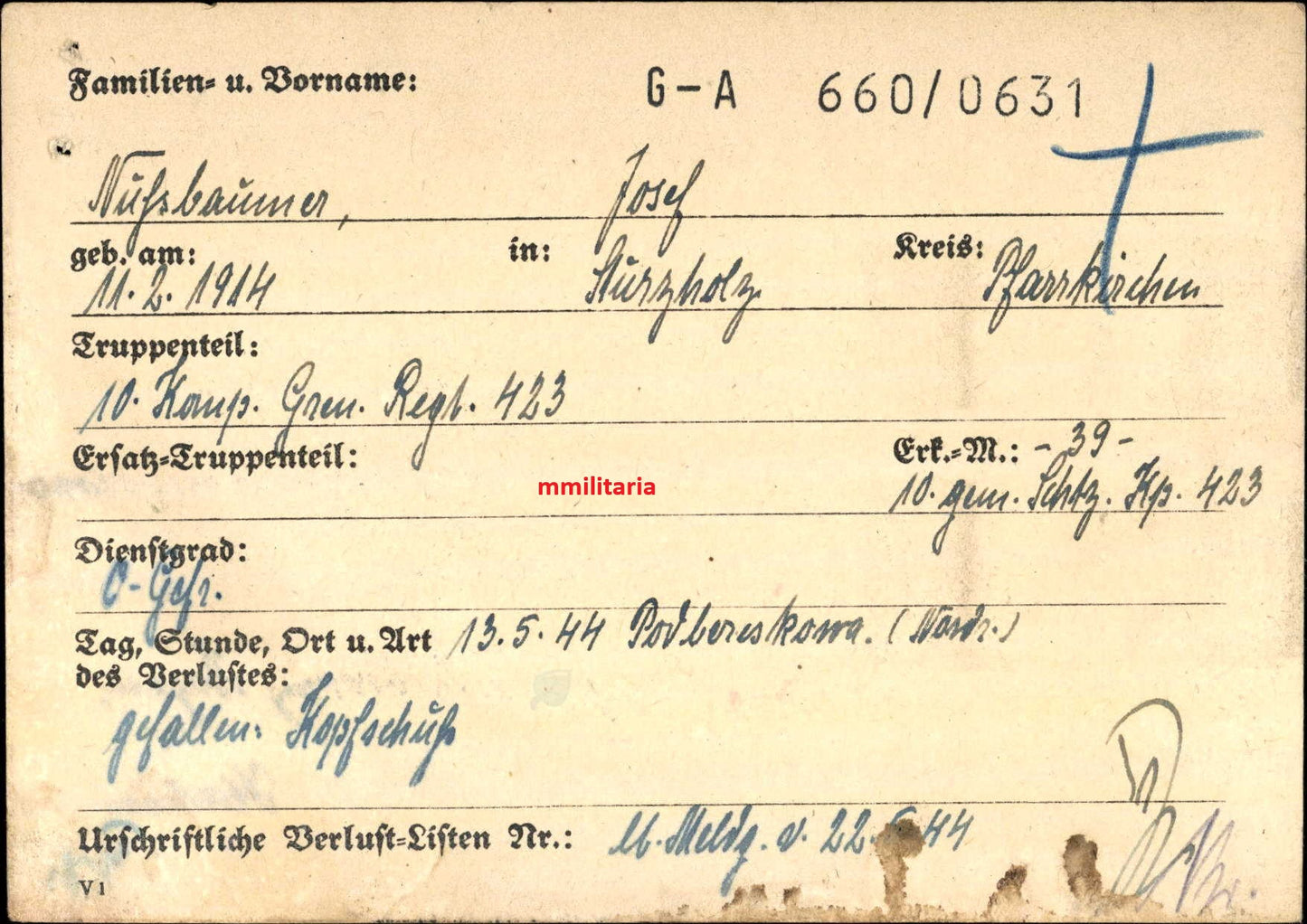 Sterbebild Obergefreiter Sturzholz 10. Komp. Gren. Regt. 423 Podbereskowa Russland