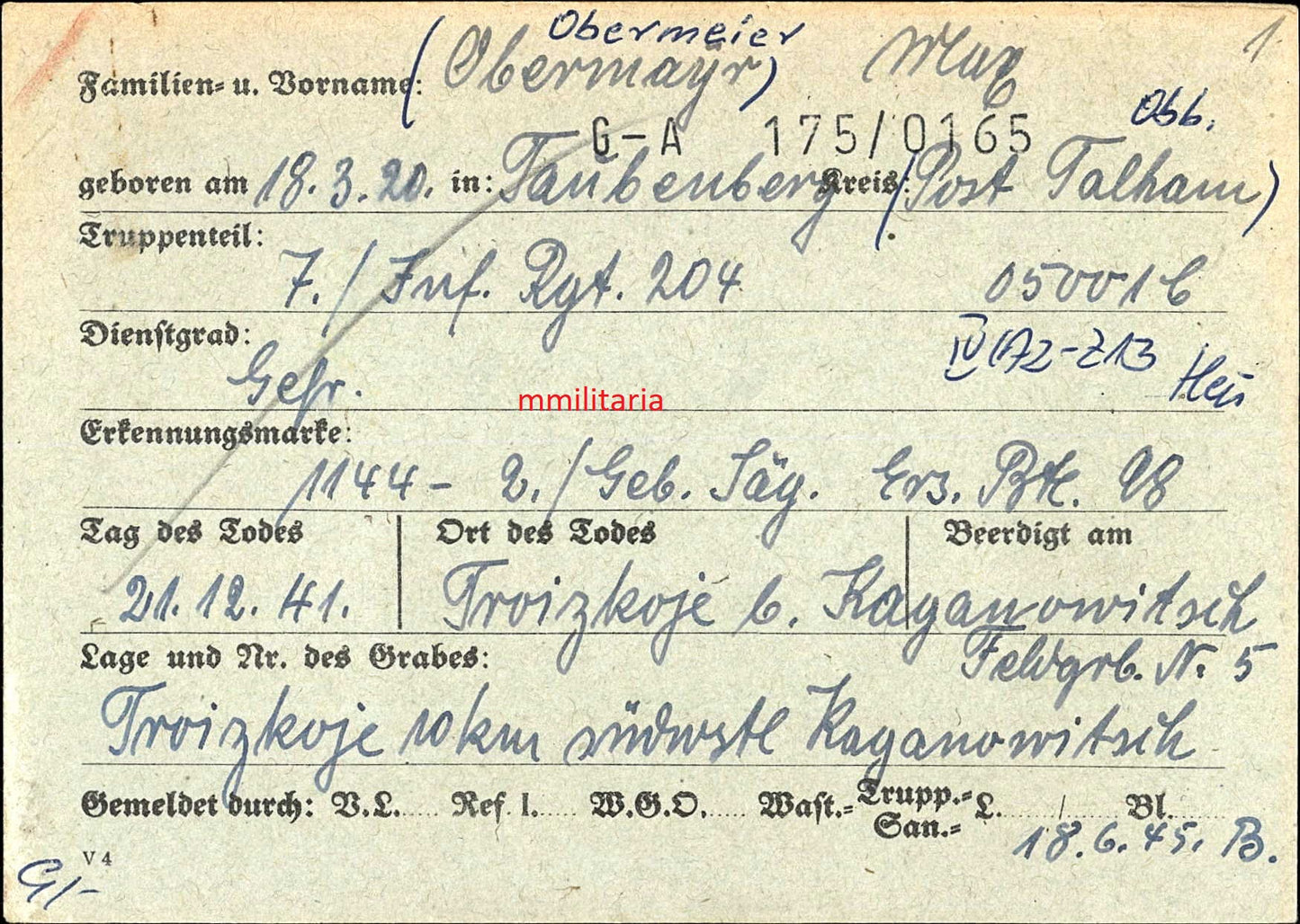 Sterbebild Gefreiter Taubenberg 7. Inf. Regt. 204 EK II Troizkoje Ukraine