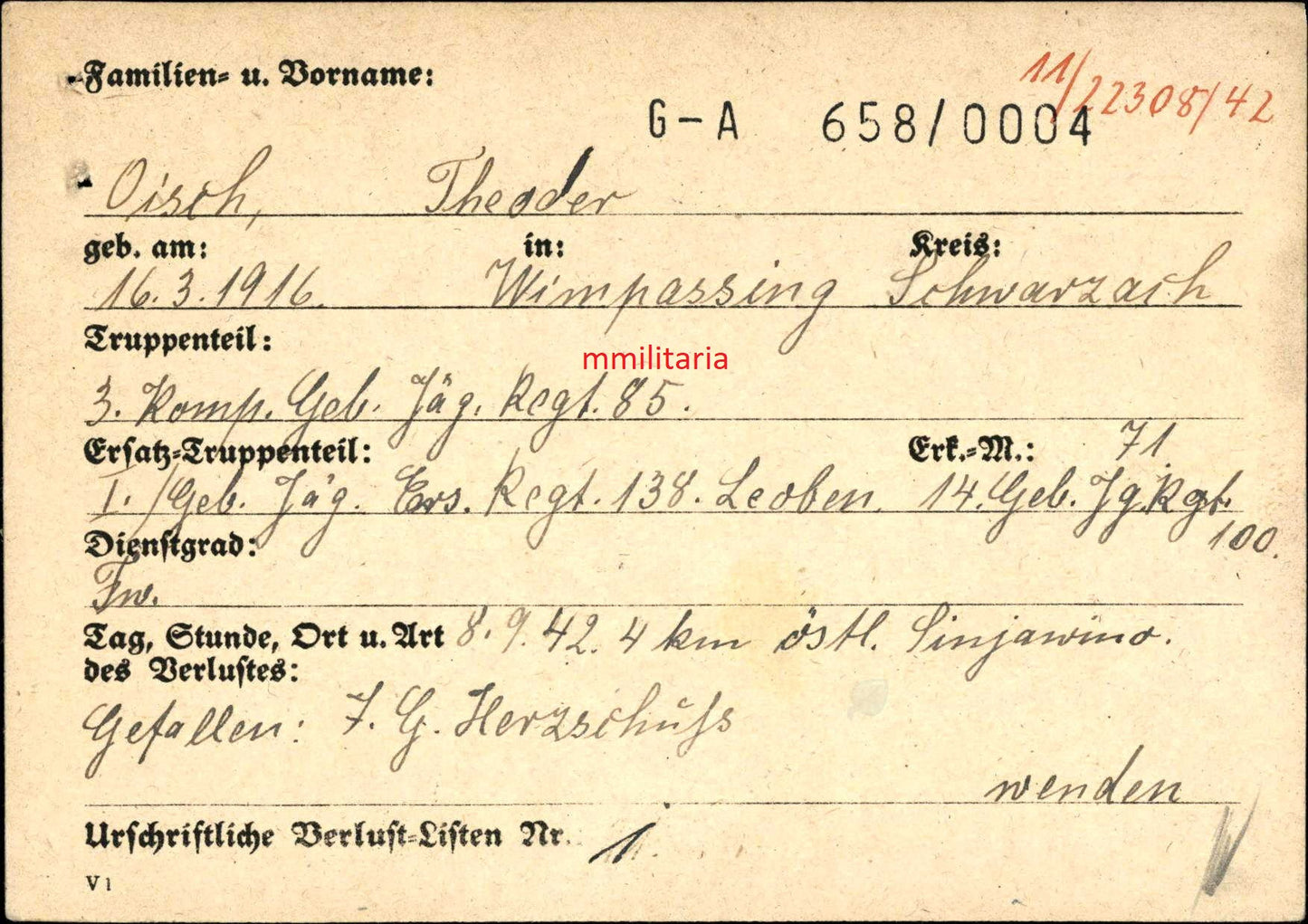 Sterbebild Feldwebel Wimpassing 3. Komp. Geb.-Jäger Regt. 85 RAD Sinjawino Russland