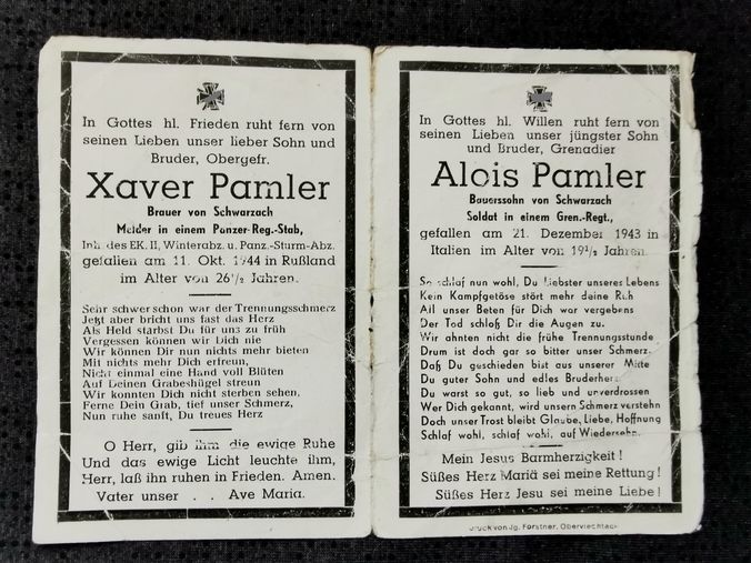 Sterbebild Brüder Obergefreiter Schwarzach Stab I/Pz. Regt. 27 PSA Modlin Polen Grenadier 6. Komp. Gren. Regt. "Hoch & Deutschmeister" Cassino Italien