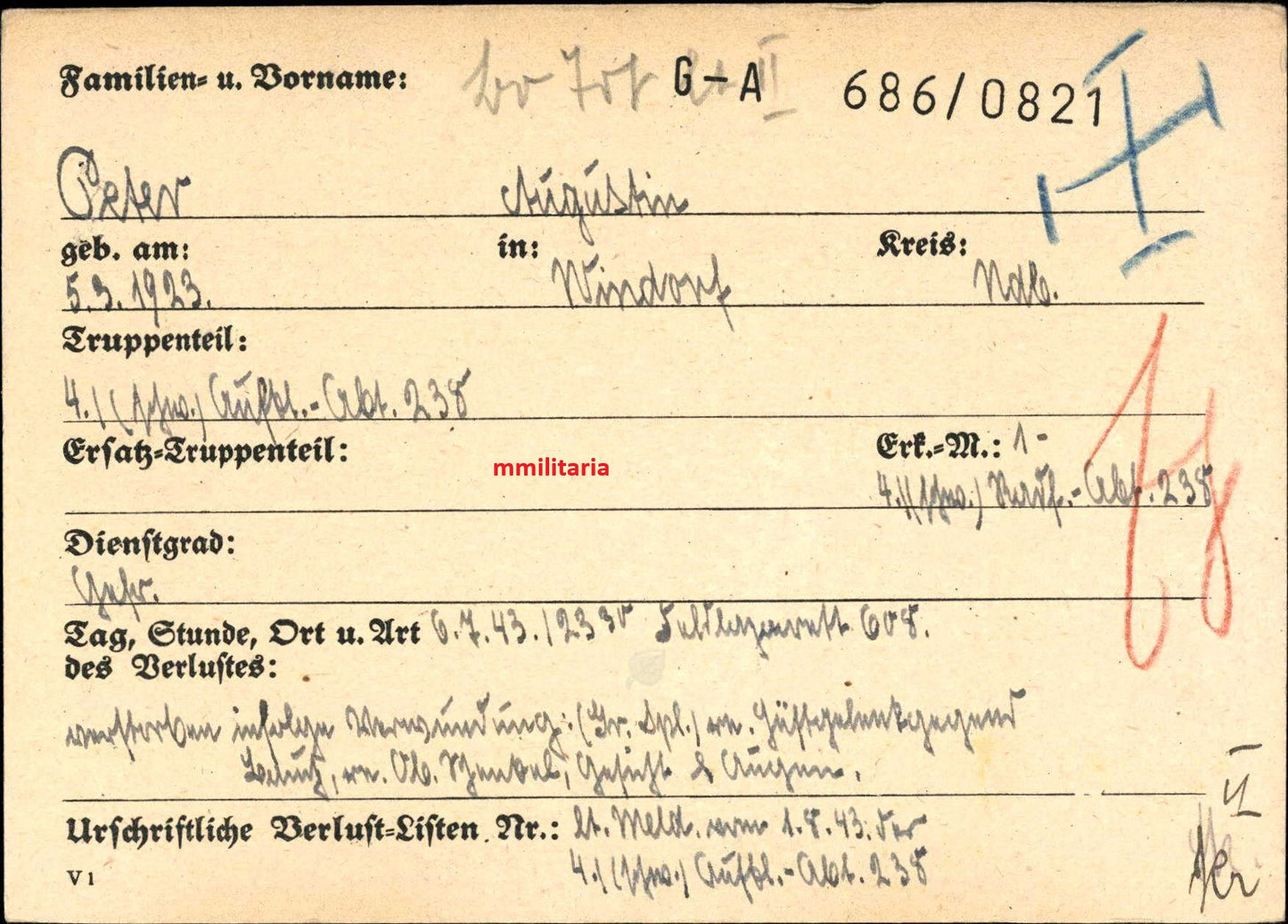 Sterbebild Gefreiter Windorf 4. (Schw.) Aufkl.-Abt. 238 Feldlaz.608 Borissowka Russland