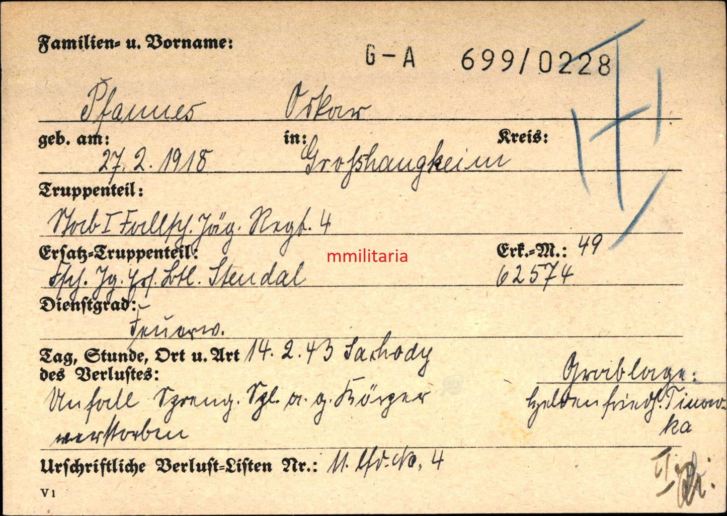 Sterbebild Unteroffizier Feuerwerker Großlangheim Stab I. Fallschirmjäger Regt. 4 Sachody Russland
