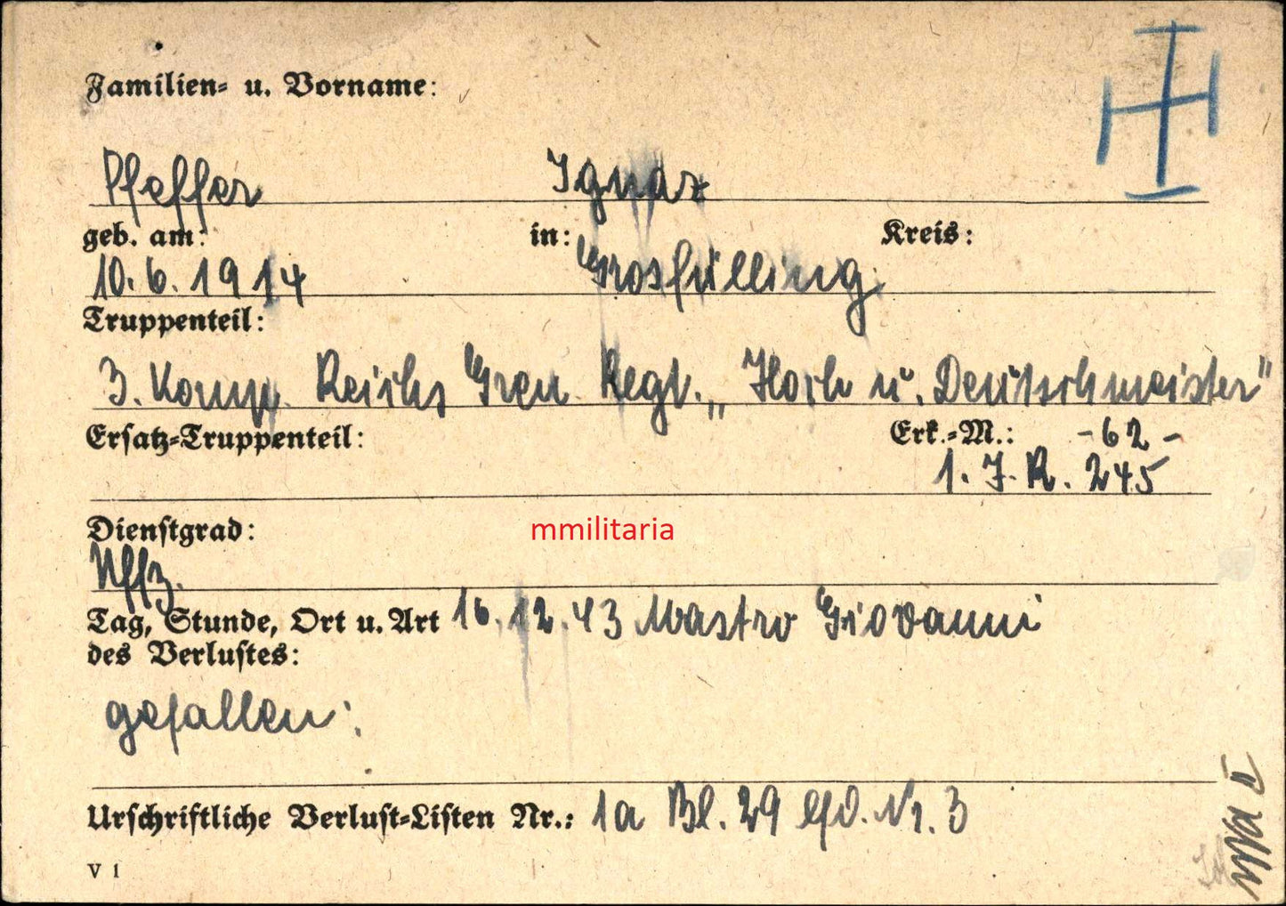 Sterbebild Unteroffizier 3. Reichs-Grenadier Regt. "Hoch & Deutschmeister" Mastro Giovanni Cassino Italien