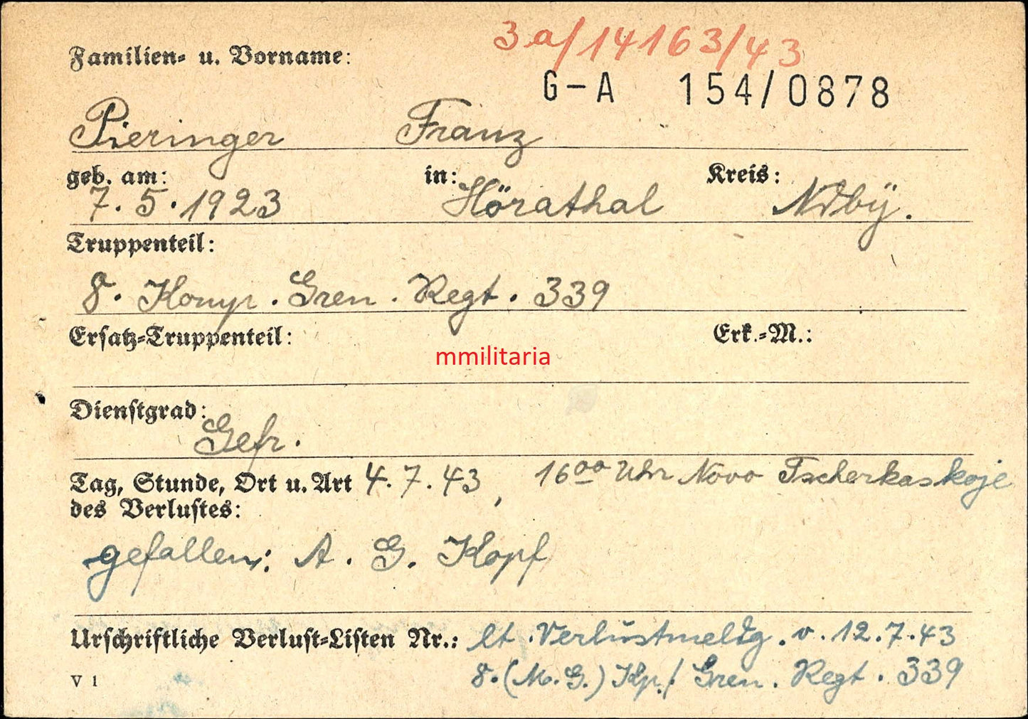 Sterbebild Gefreiter Hörathal 8. Komp. Gren. Regt. 339 Nowo Tscherkaskoje Russland
