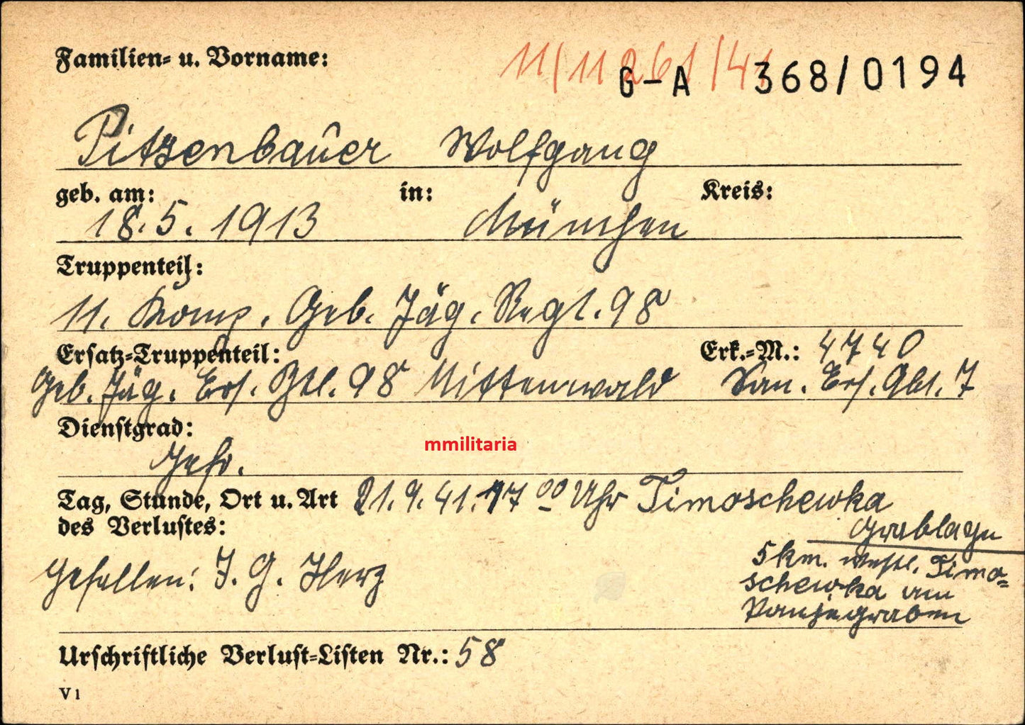 Sterbebild Gefreiter München 11. Komp. Gebirgsjäger-Regt. 98 Timoschewka Ukraine