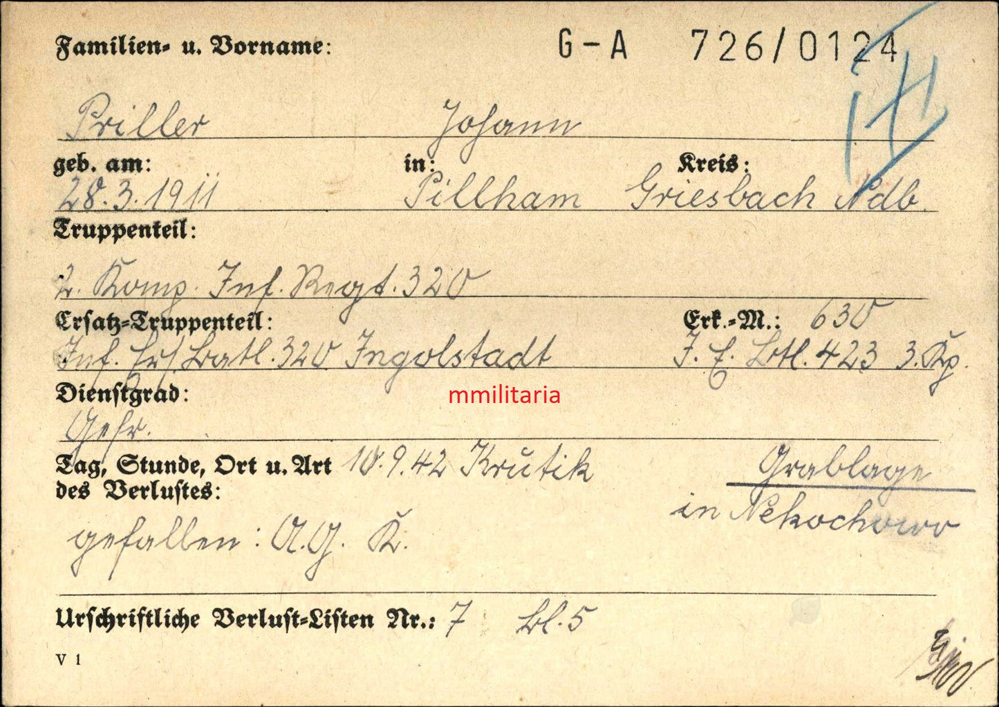 Sterbebild Gefreiter Pillham 2. Komp. Inf. Regt. 320 Krutike Russland