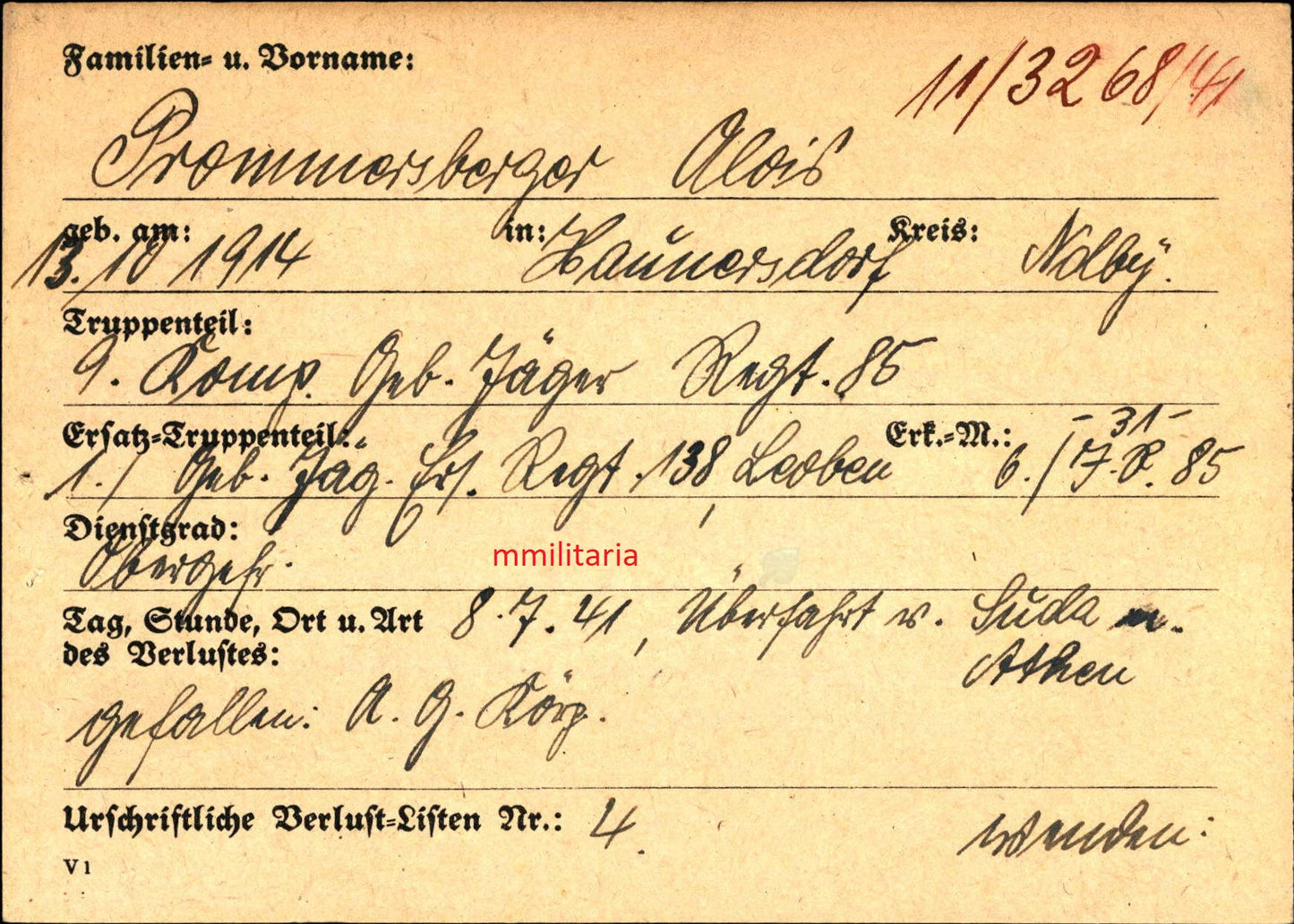 Sterbebild Obergefreiter Haunersdorf 9. Komp. Geb. Jäger Regt. 85 Seegefecht Suda Kreta Griechenland