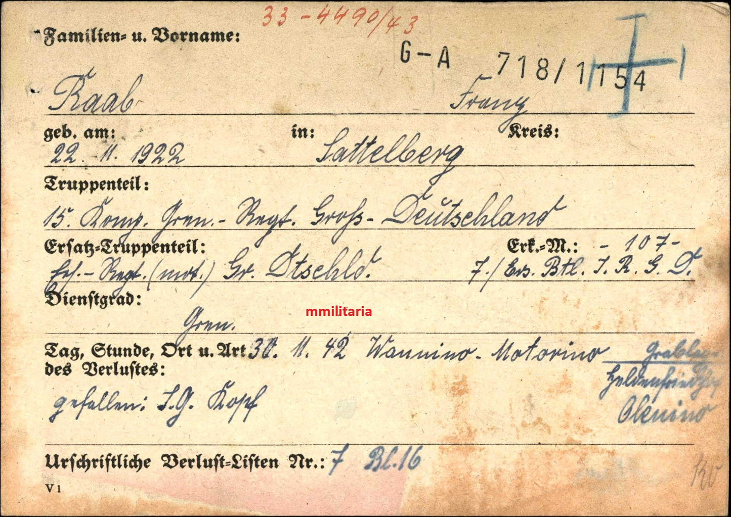 Sterbebild Grenadier Sattelberg 15. Komp. Gren. Regt. "Großdeutschland" GD Wannino-Motorino Russland