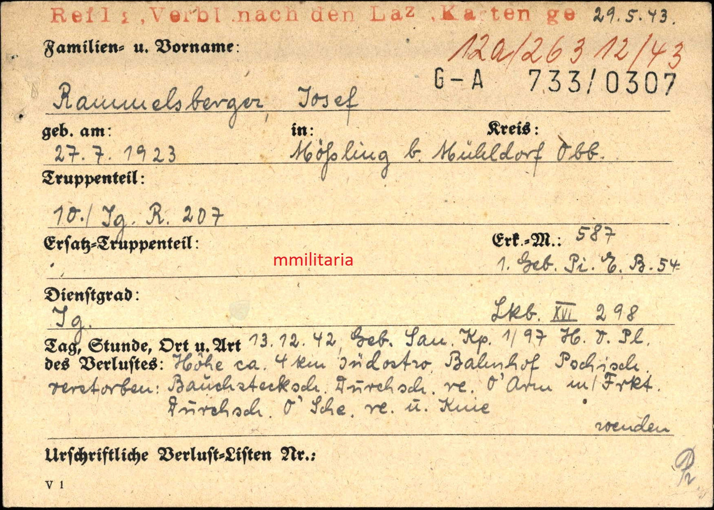 Sterbebild Pionier Mößling 10. Geb.-Jäger Regt. 207 Kaukasus Pschisch Russland