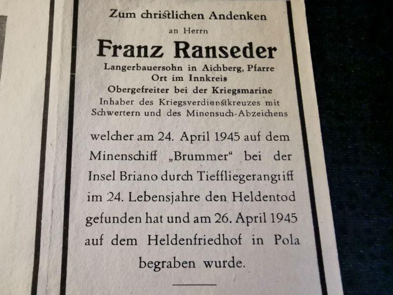 Sterbebild Obergefreiter Innkreis Kriegsmarine Minenschiff "Brummer" Endkampf Minensuch-Abz. Pola Kroatien - www.mmilitaria.com