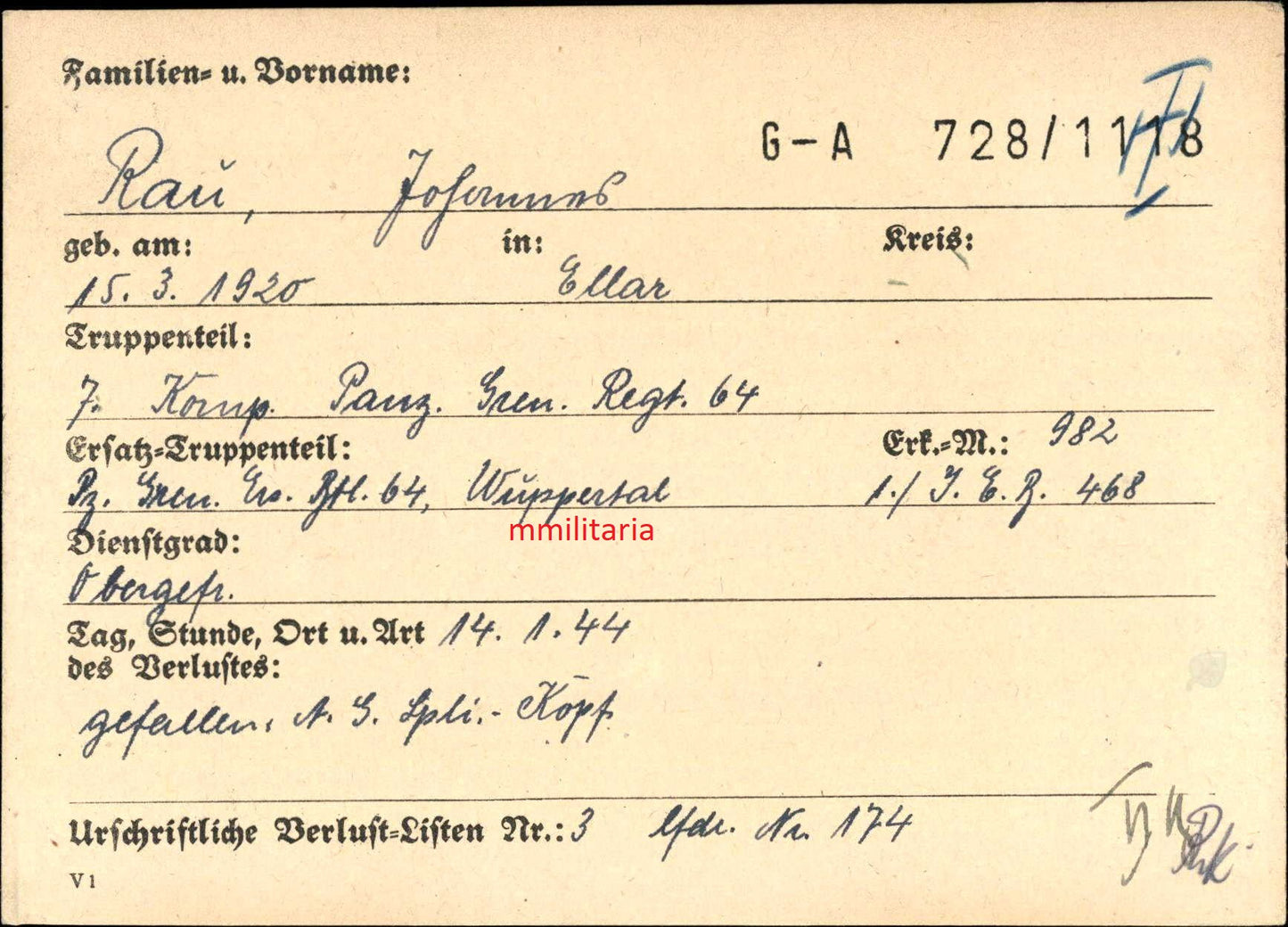 Sterbebild Obergefreiter Ellar 7. Komp. Panz. Gren. Regt. 64 Winiza Russland - www.mmilitaria.com