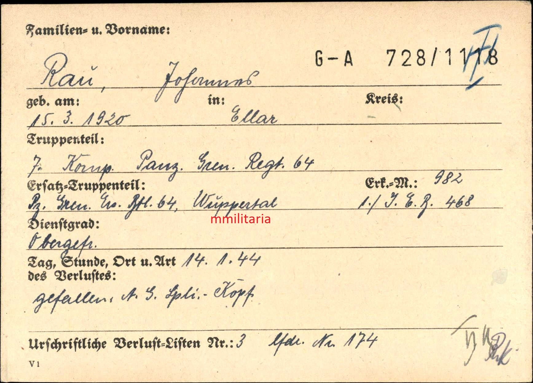 Sterbebild Obergefreiter Ellar 7. Komp. Panz. Gren. Regt. 64 Winiza Russland - www.mmilitaria.com