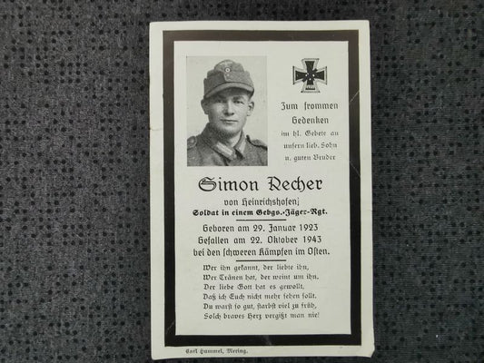 Sterbebild Jäger 1. Komp. Geb. Jäger Regt. 100 Woronowo Sologubowka Russland