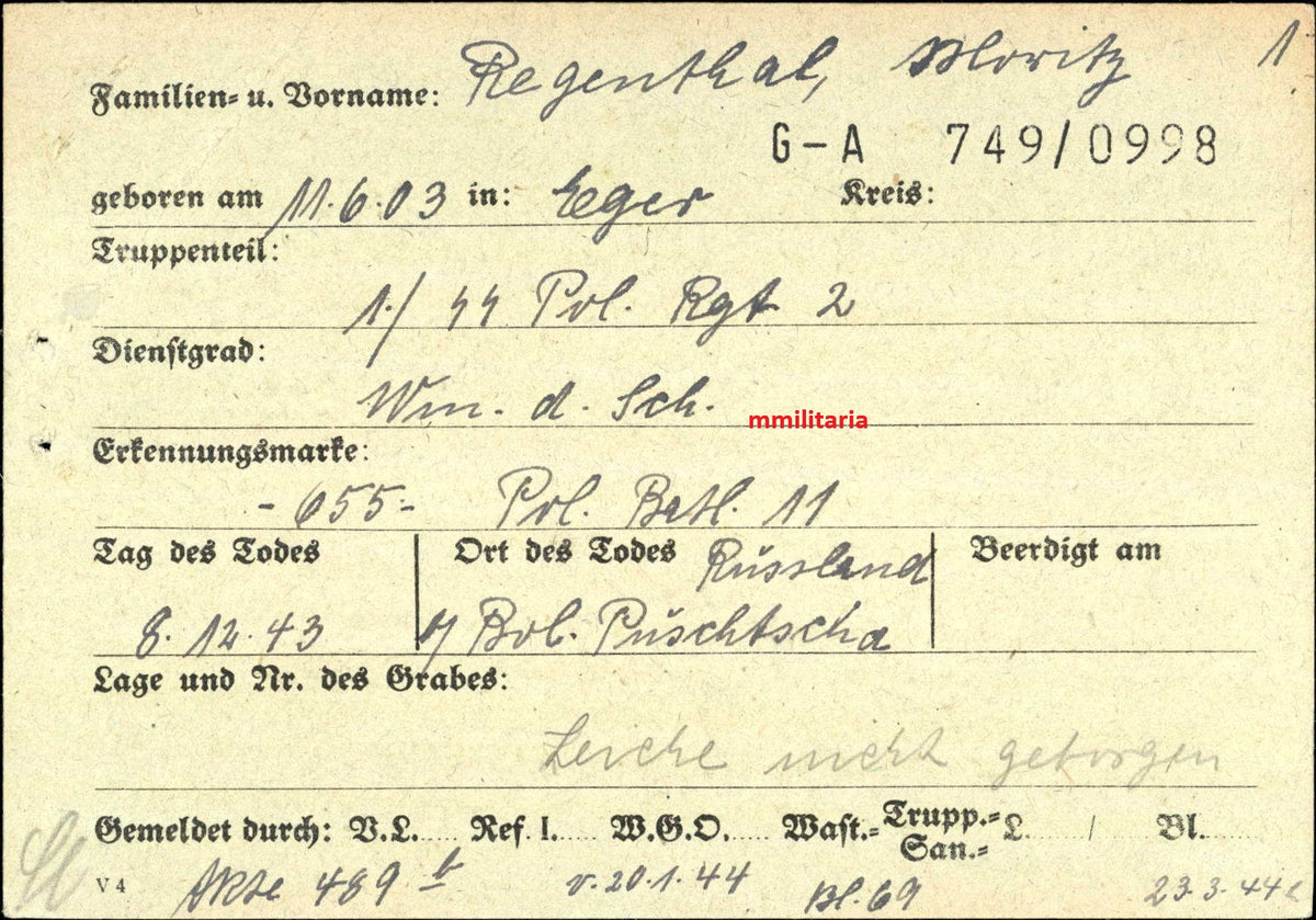 Sterbebild Wachtmeister Eger 1. SS-Polizei Regt. 2 Putschesch Russland