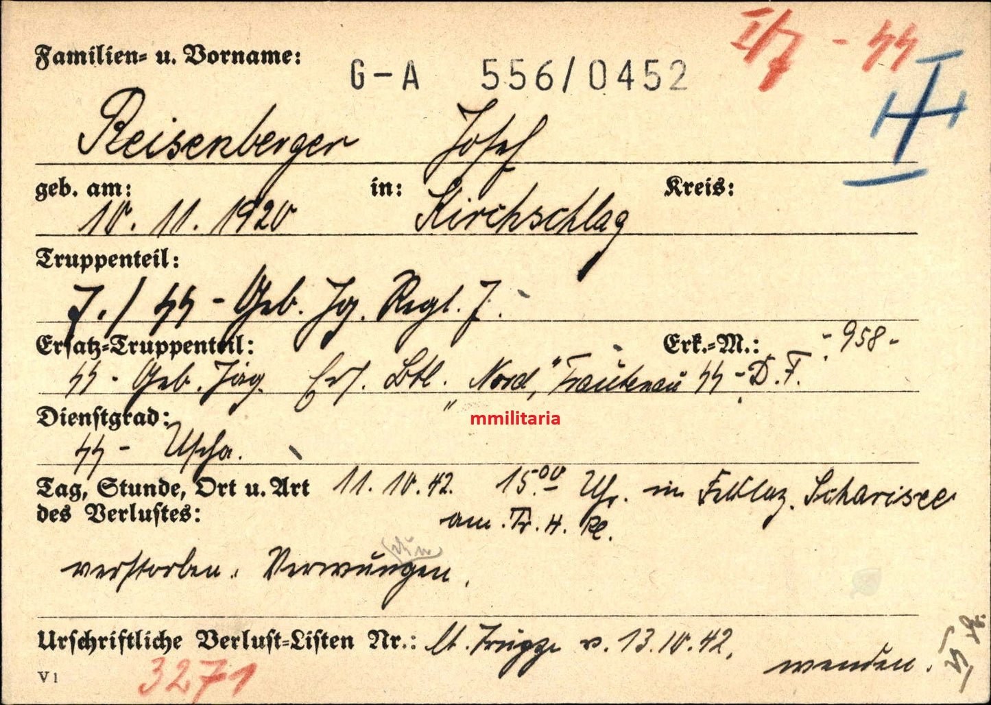 Sterbebild SS-Unterscharführer Kirchschlag 7. SS-Geb.-Jäger Regt. 7 Schariesee Karelien Finnland