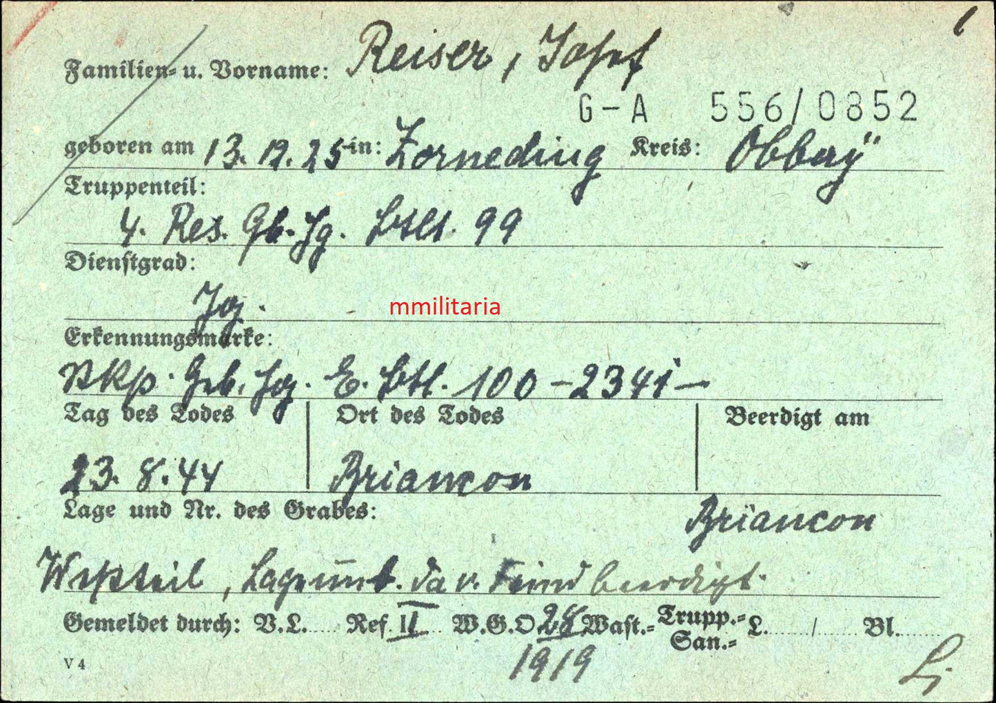 Sterbebild Jäger Zorneding 4. Gebirgsjäger Btl. 99 Briancon Dagneux Frankreich