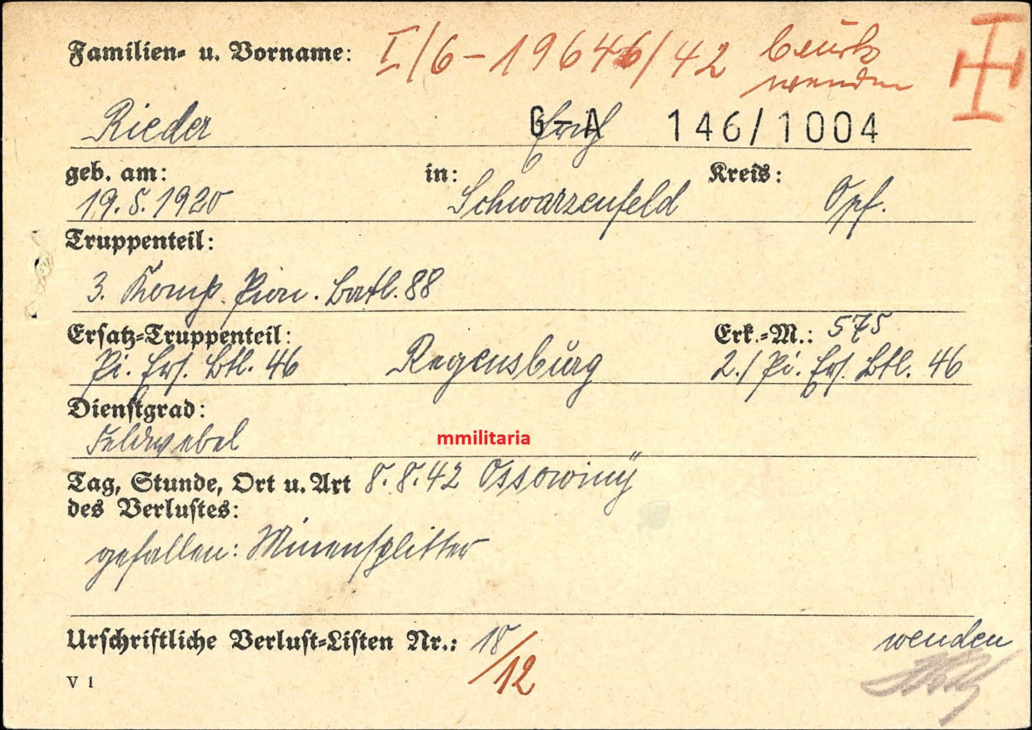 Sterbebild Feldwebel Schwarzenfeld 3. Komp. Pionier Btl. 88 Ossowiny Ukraine - www.mmilitaria.com