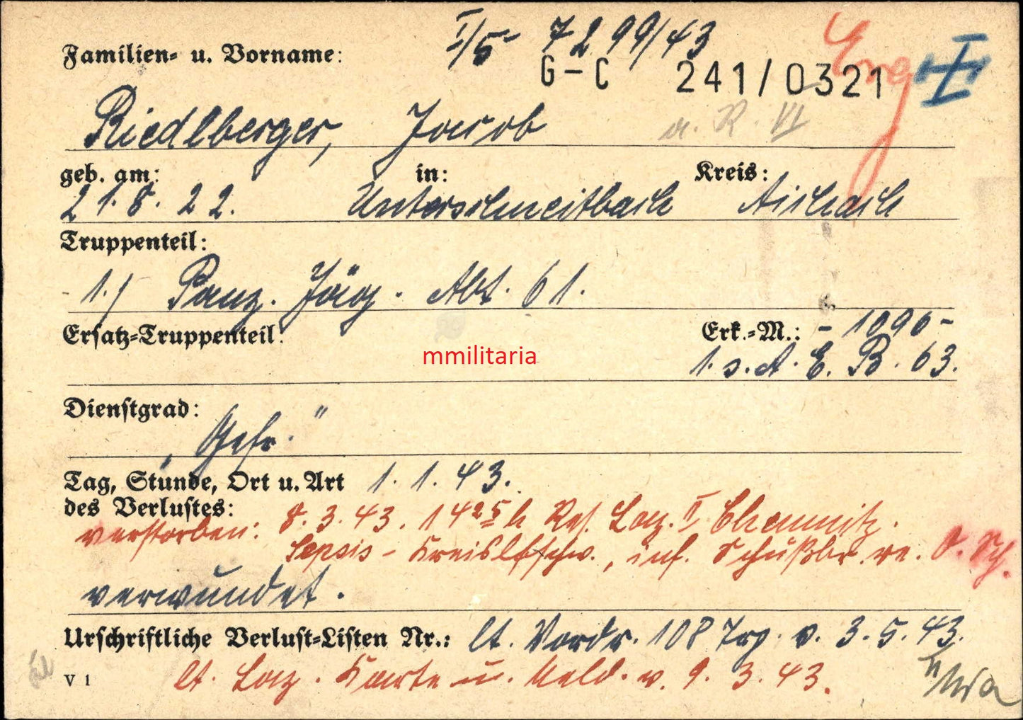 Sterbebild Gefreiter Unterschneitbach 1. Panzer-Jäger Abt. 61 Stalingrad Chemnitz II Deutschland