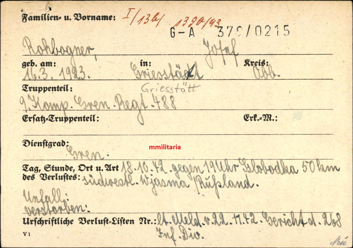 Sterbebild Schütze Griesstätt 9. Komp. Gren. Regt. 488 H.V.Pl. in Garnewo Russland
