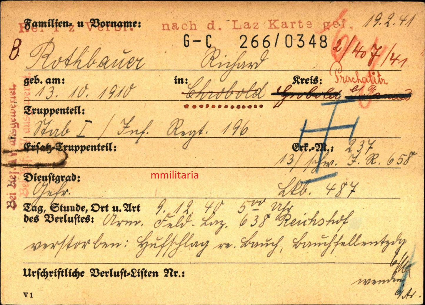Sterbebild Gefreiter Stab I Inf. Regt. 196 Rzeszow Reichshof Siemianowice Śląskie Polen
