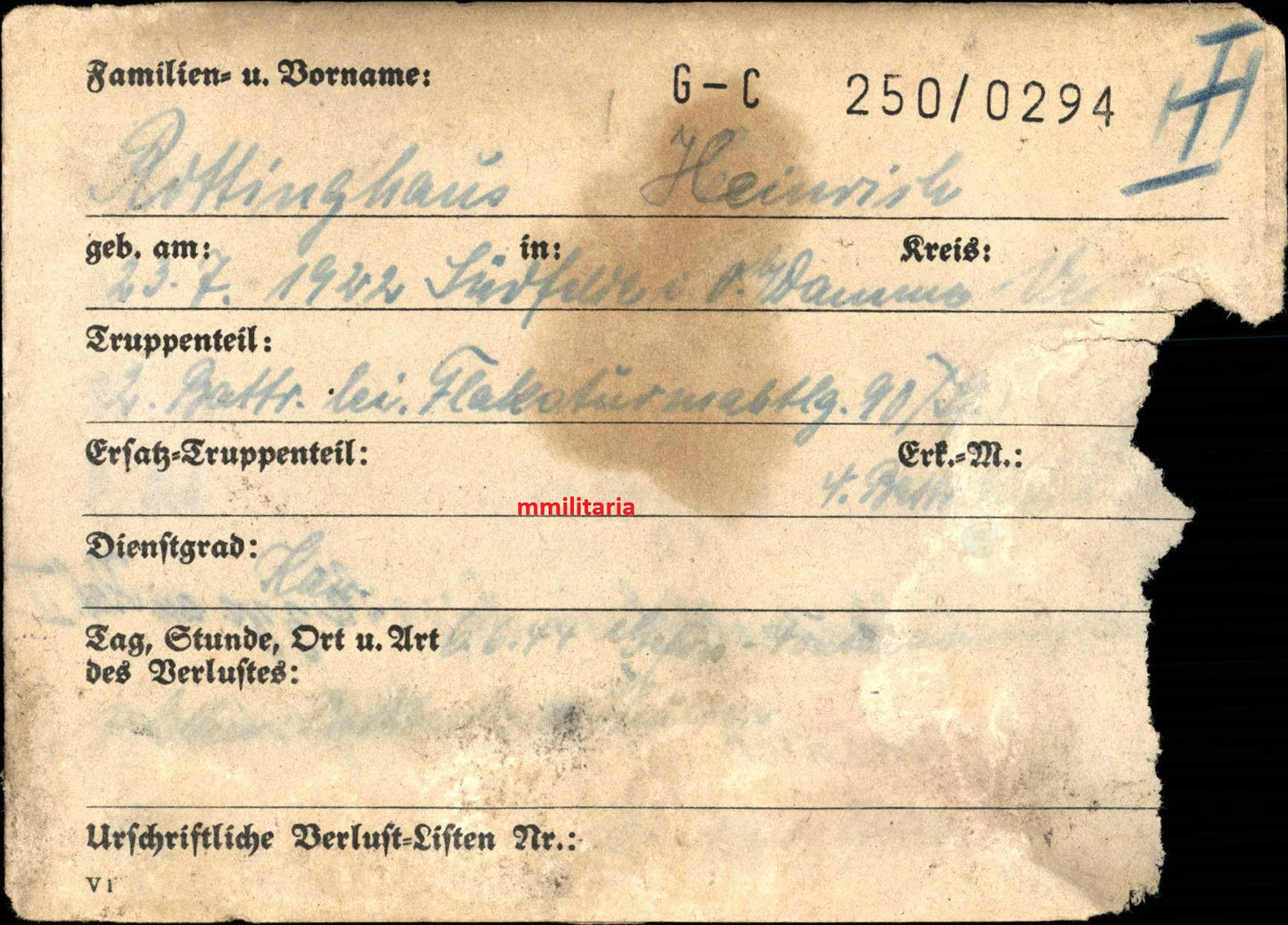Sterbebild Obergefreiter Südfelde bei Damme 2. Batterie Flaksturmabt. 90 DDay Géfosse-Fontenay Normandie Frankreich