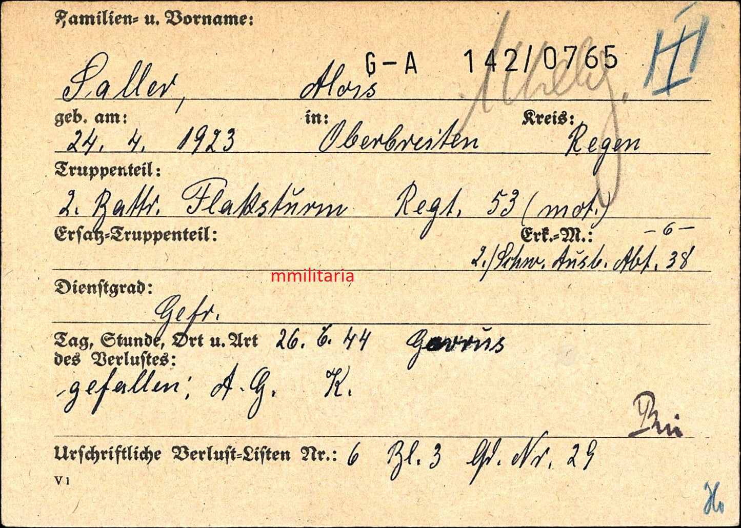 Sterbebild Gefreiter Oberbreitenau 2. Batterie Flaksturm Regt. 53 Caen Normandie La Cambe Frankreich