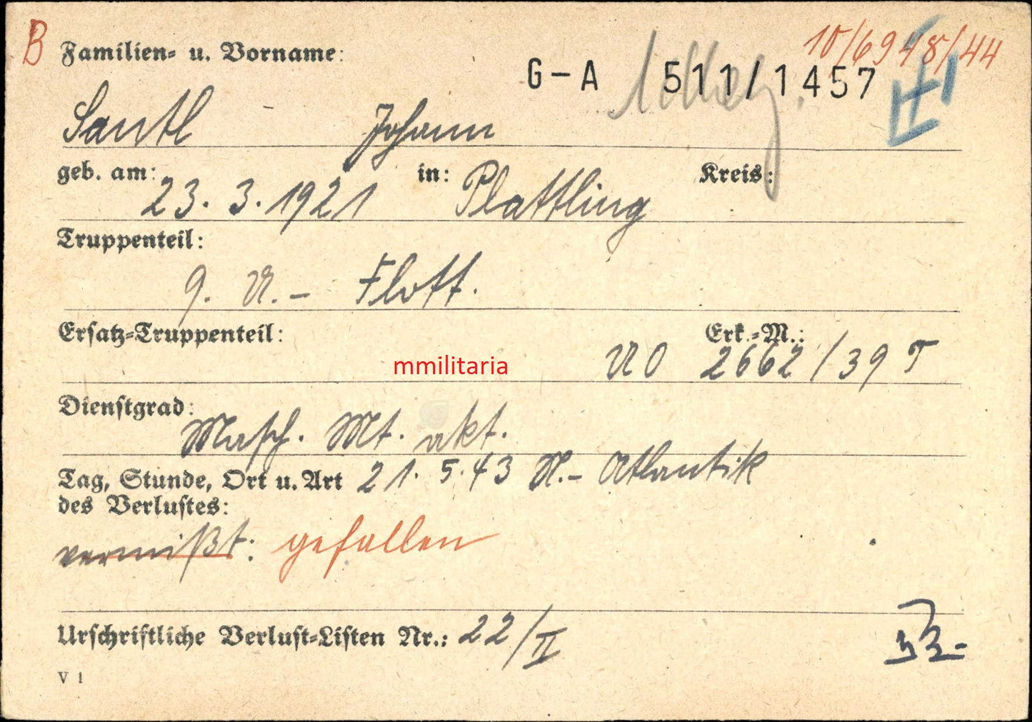 Sterbebild Maschinenmaat Plattling 9. Uboot-Flottille Kriegsmarine Nordatlantik