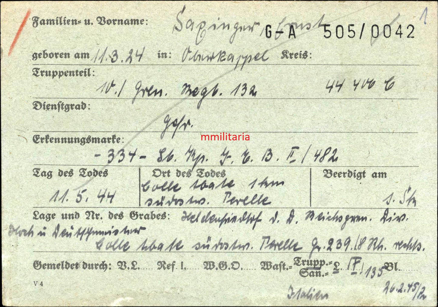 Sterbebild Gefreiter Oberkappel 10. Gren. Regt. 132 "Hoch & Deutschmeister" Terelle Cassino Italien