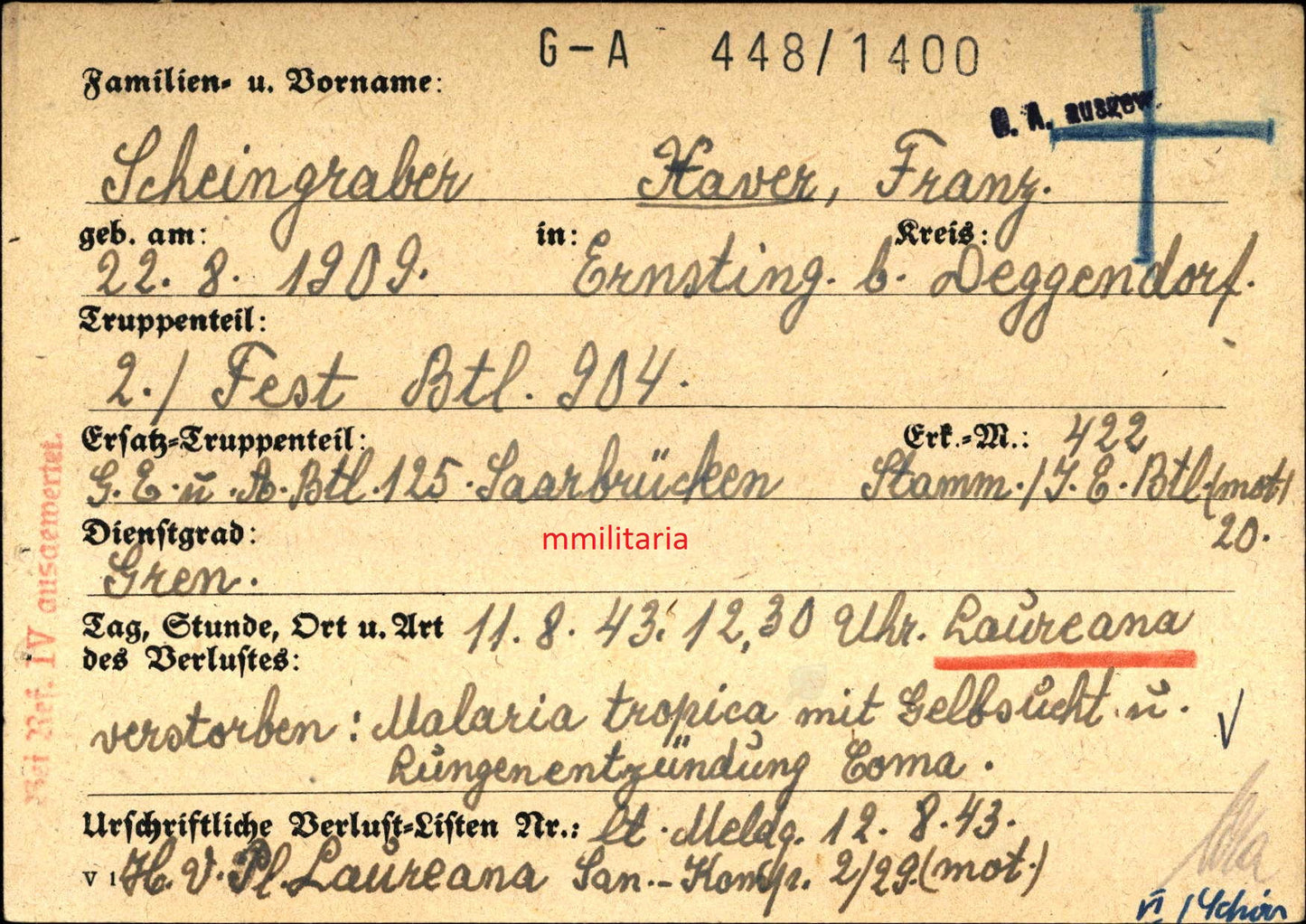 Sterbebild Grenadier Ernsting 2. Festung Btl. 904 Sizilien Cassino Italien