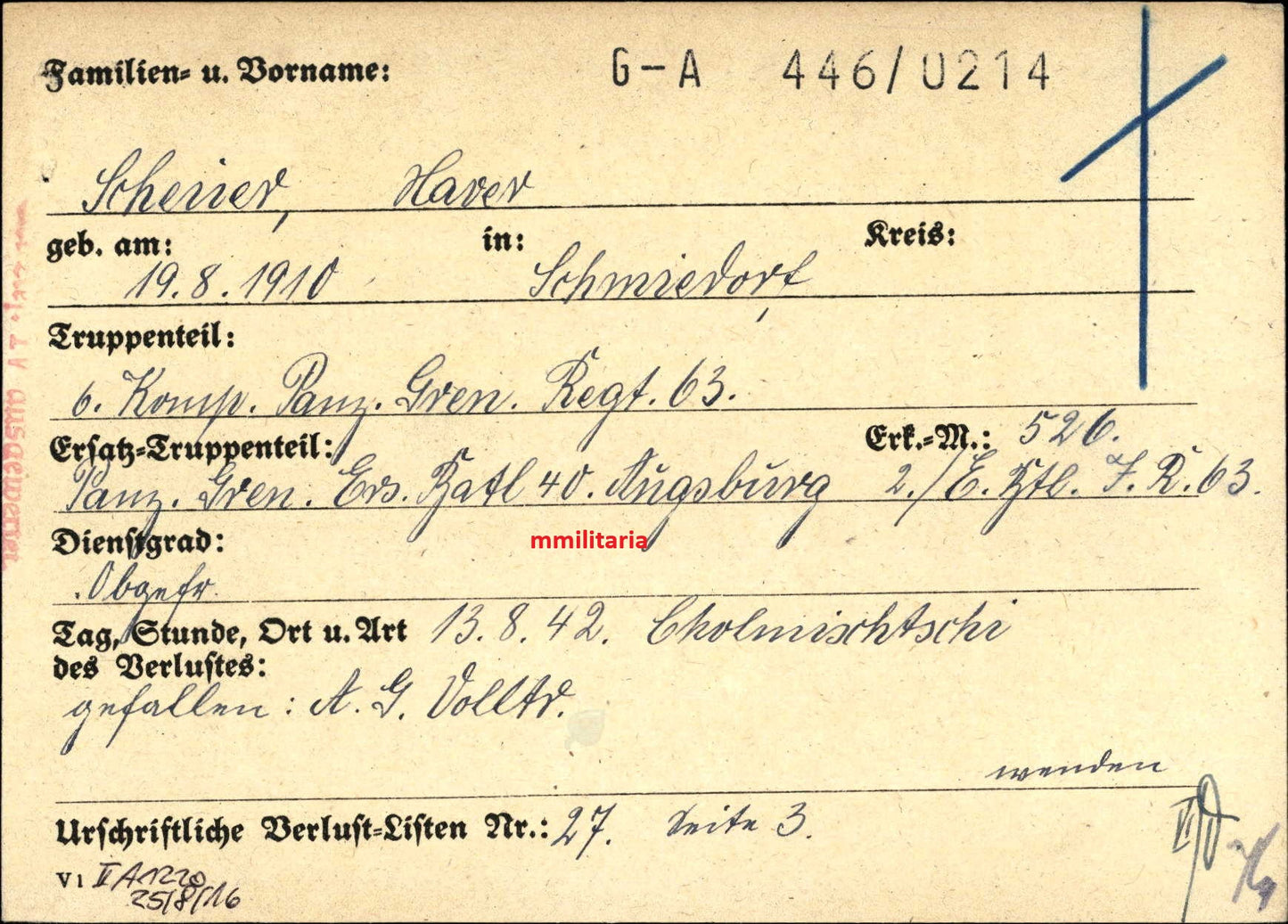 Sterbebild Obergefreiter Rehmbach 6. Komp. Panzer-Gren. Regt. 63 Cholmischtschi Russland