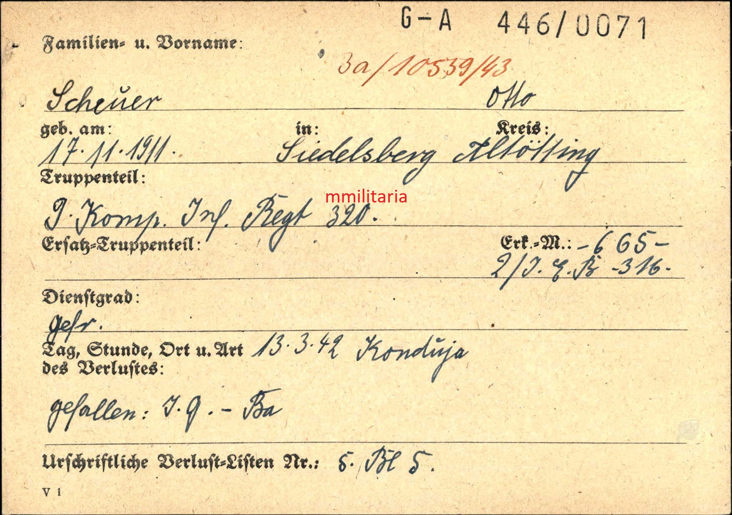 Sterbebild Gefreiter Siedelsberg 9. Komp. Inf. Regt. 320 Konduja Russland