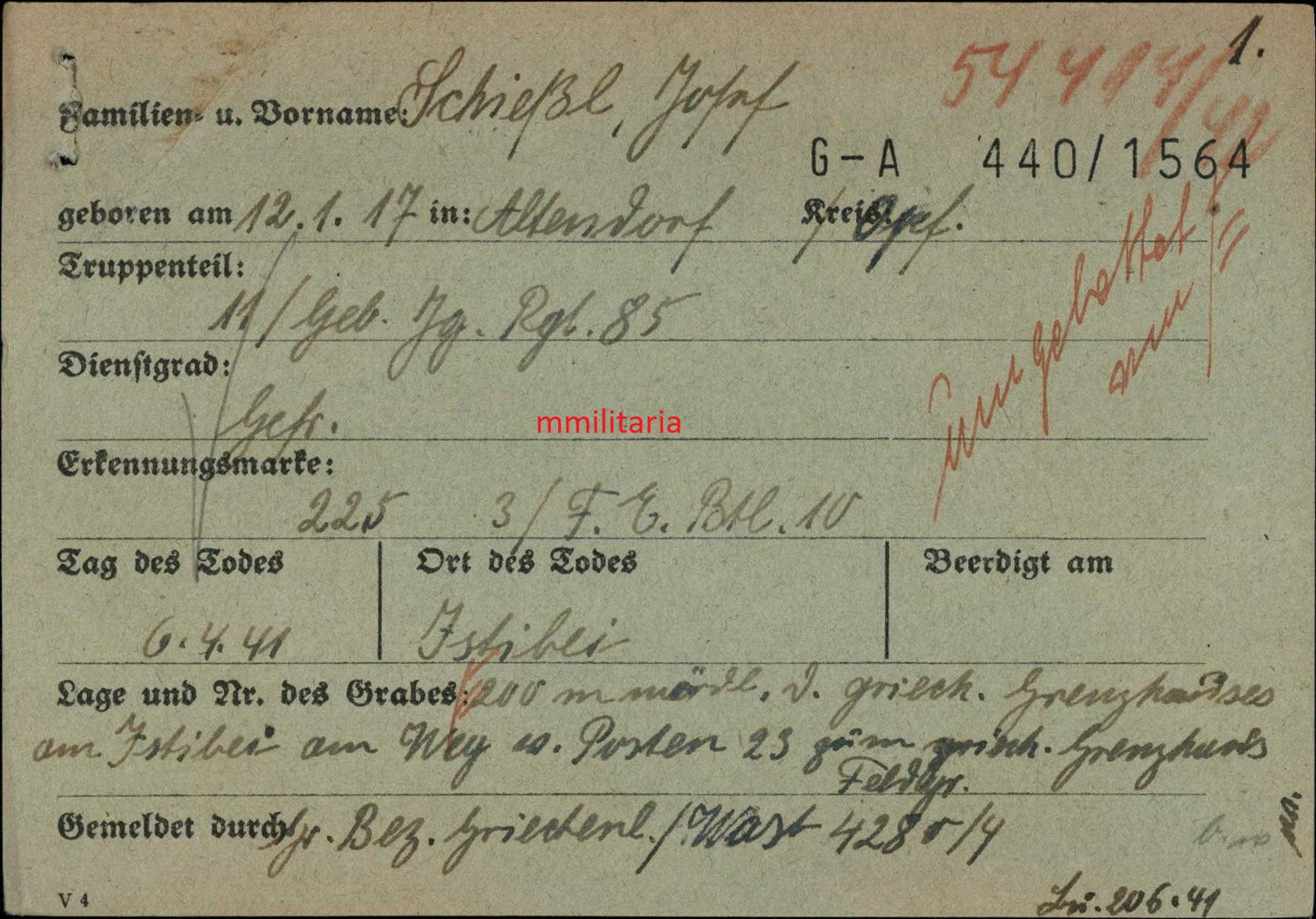 Sterbebild Gefreiter Altendorf 11. Gebirgsjäger Regt. 85 Istibei Griechenland Bulgarien