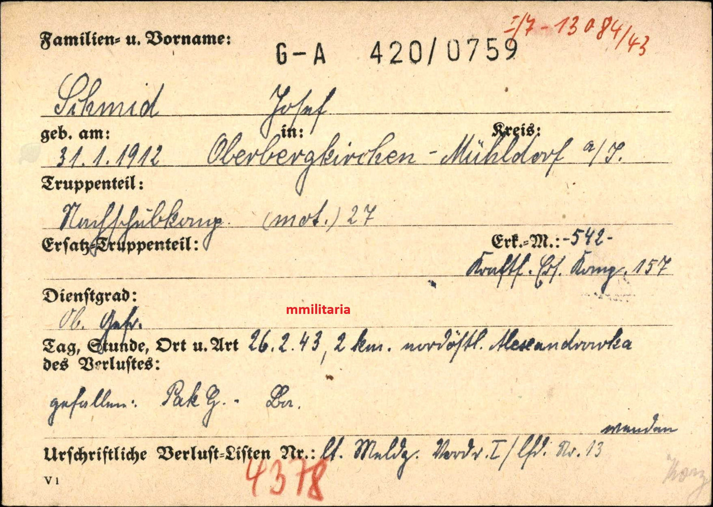Sterbebild Obergefreiter Oberbergkirchen Panzer Regt. Alexandrowka Ukraine