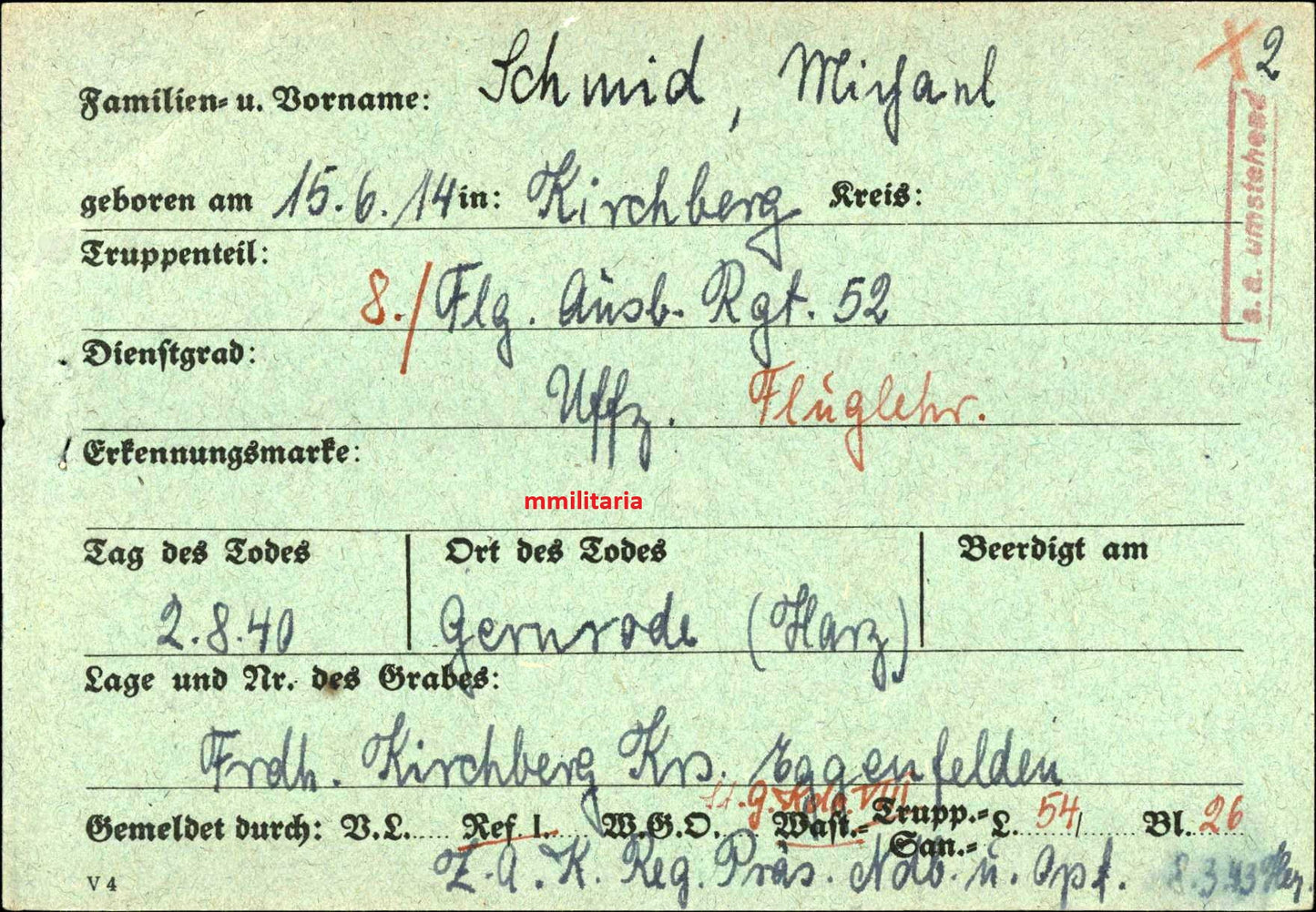 Sterbebild Unteroffizier Kirchberg Pilot & Fluglehrer 8./FAR-52 Gernrode Harz Deutschland