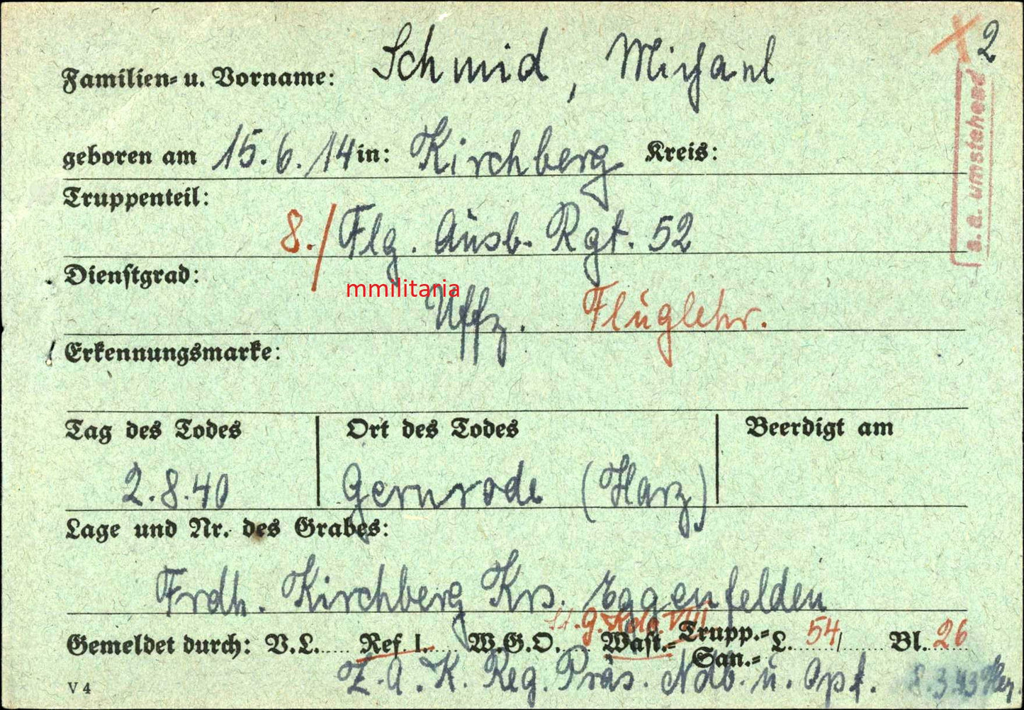 Sterbebild Unteroffizier Kirchberg 8. Komp. Flieger-Ausb. Regt. 52 Gernrode / Harz