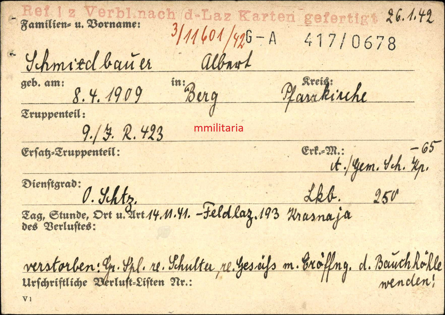 Sterbebild Oberschütze Berg 9. Inf. Regt. 423 Krasnaja Narva Estland