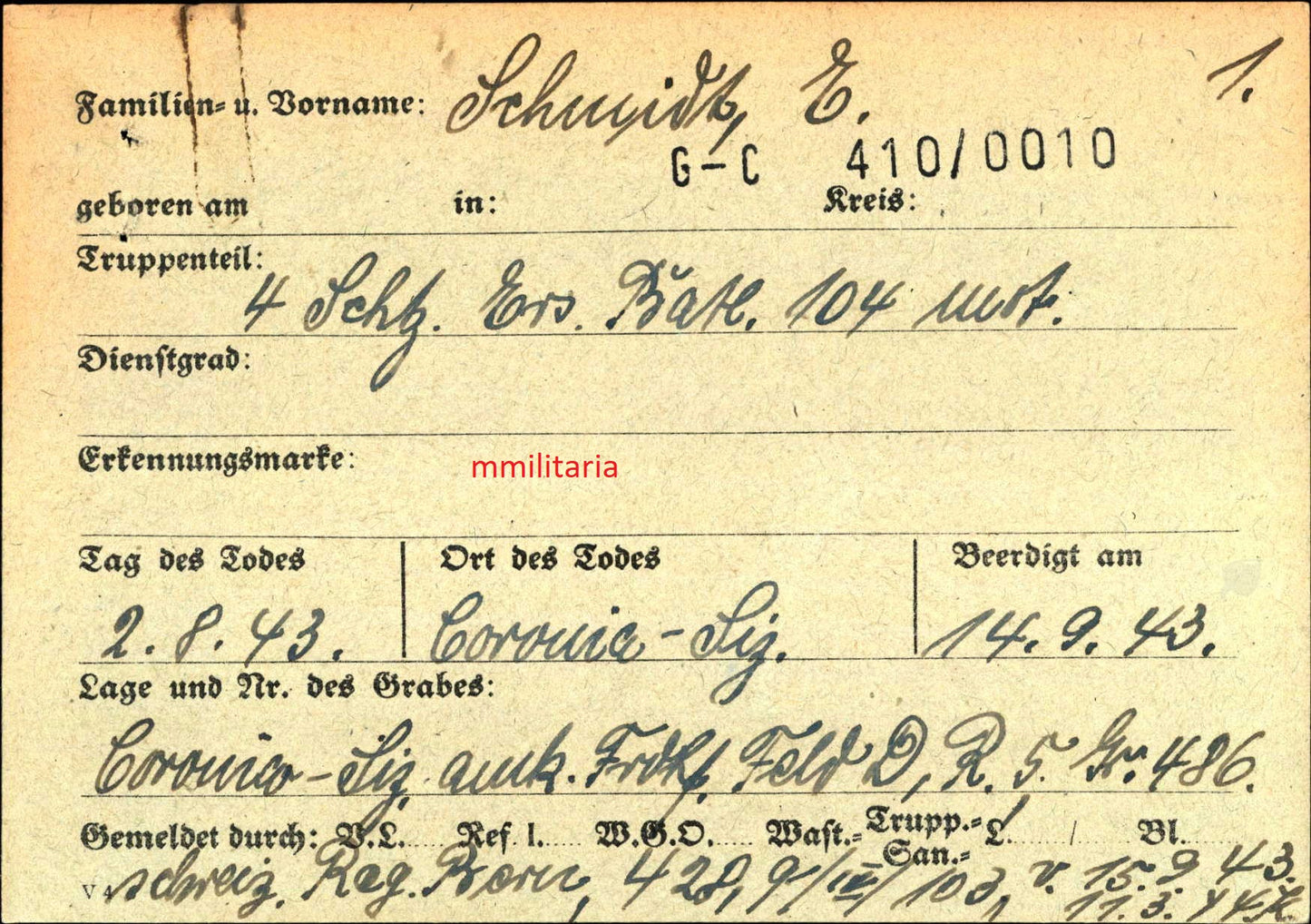 Sterbebild Gefreiter Katzwinkel 4. Schützen Ers. Btl. 104 (Mot) Caronia Sizilien Italien