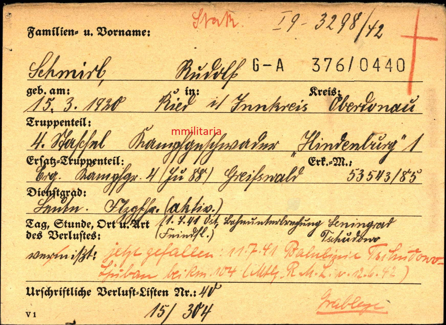 Sterbebild Leutnant Ried Pilot 4./KG-1 "Hindenburg" Bahnlinie Tschudowo Russland