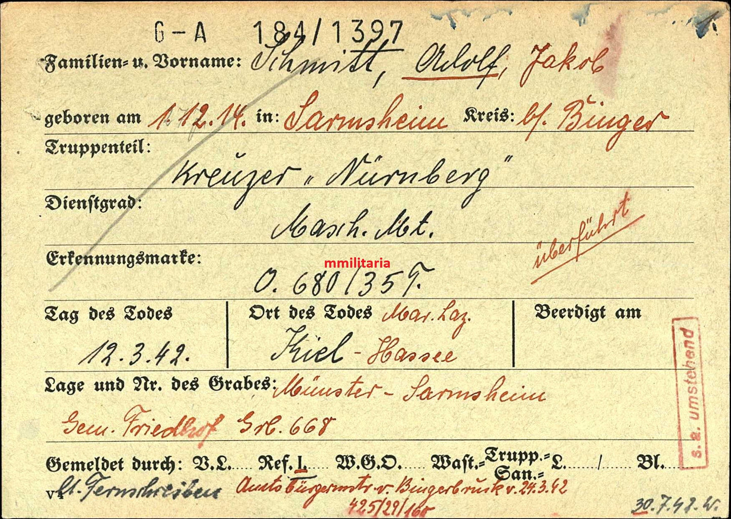 Sterbebild Maschinenmaat Sarmsheim KM "Kreuzer Nürnberg" Spanienkreuz Marine-Lazarett Kiel - www.mmilitaria.com