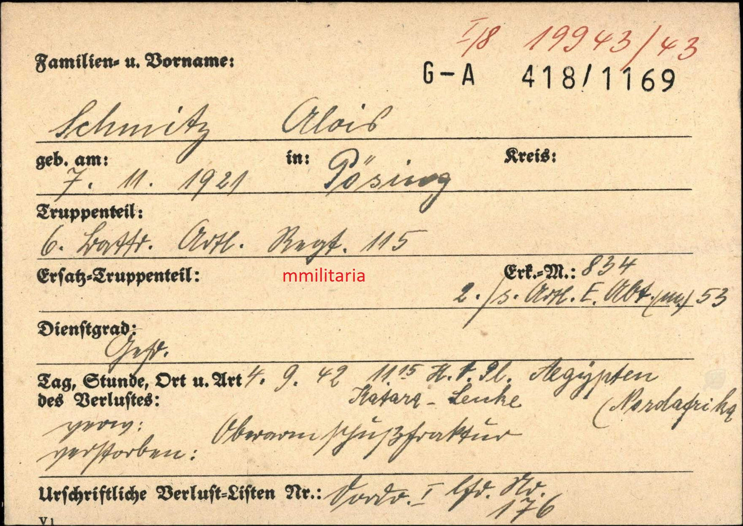 Sterbebild Gefreiter Pösing 6. Batterie Art. Regt. 115 DAK Ägypten Nordafrika
