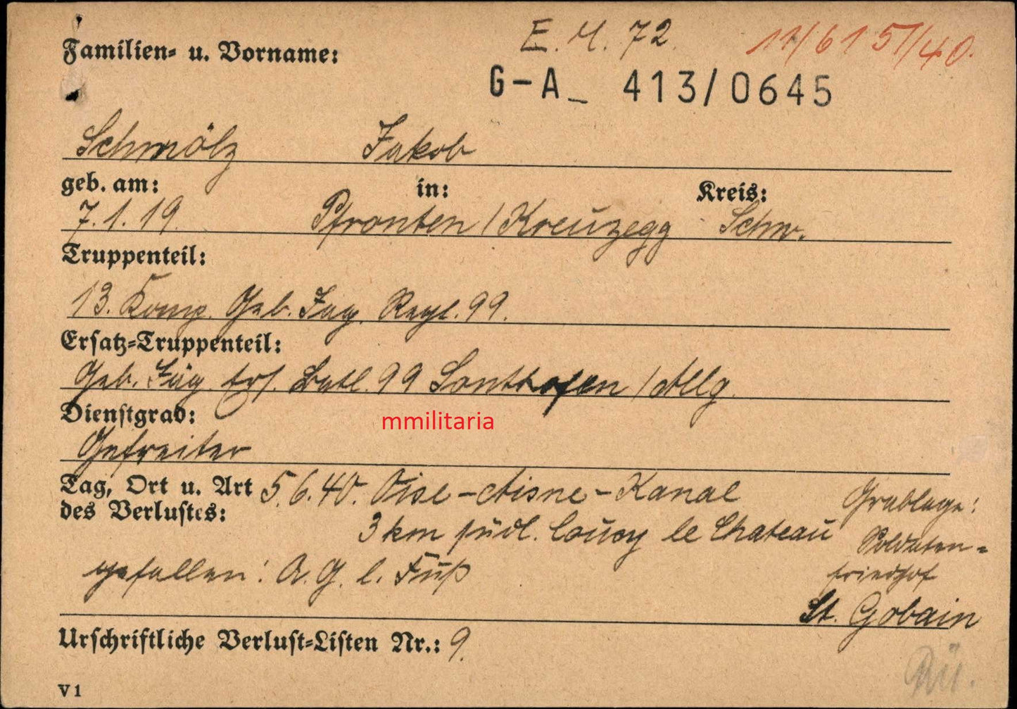Sterbebild Gefreiter 13. Komp. Geb. Jäger Regt. 99 Oise-Aisne-Kanal Fort-de-Malmaison Frankreich
