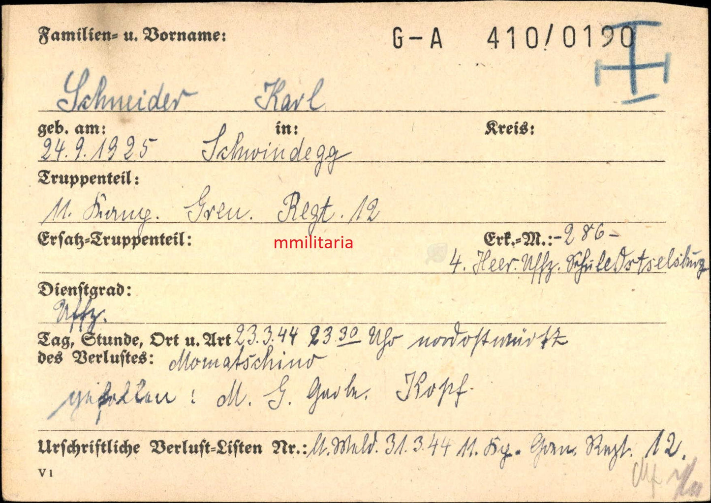 Sterbebild Unteroffizier Schwindegg Grenadier Regt. 18 Jahre Stoßtrupp Mogilew Weissrussland
