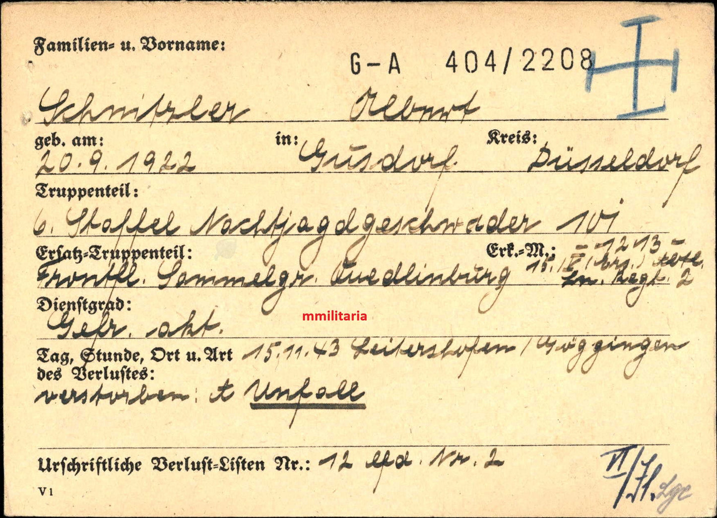 Sterbebild Gefreiter Gustorf Bordfunker 6./NJG-101 Leitershofen Deutschland - www.mmilitaria.com