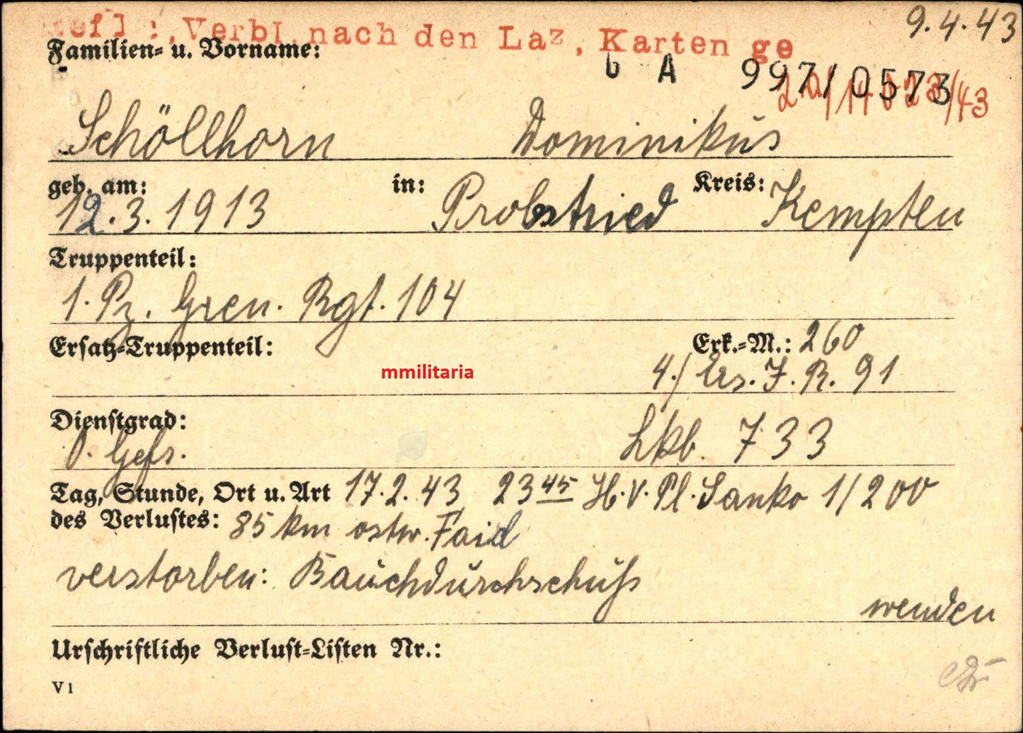 Sterbebild Obergefreiter Probstried 1. Pz.-Gren. Regt. 104 DAK Faïd Tunesien Afrika - www.mmilitaria.com