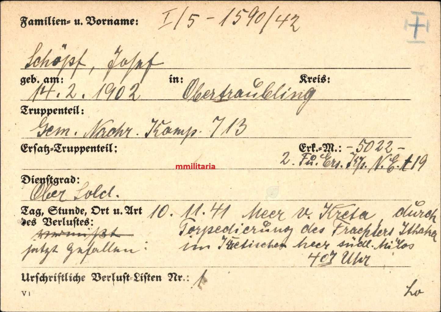 Sterbebild Obersoldat Obertraubling Nachrichten Komp. 713 Frachter Ithaka Torpedotreffer Kreta Insel Milos Griechenland