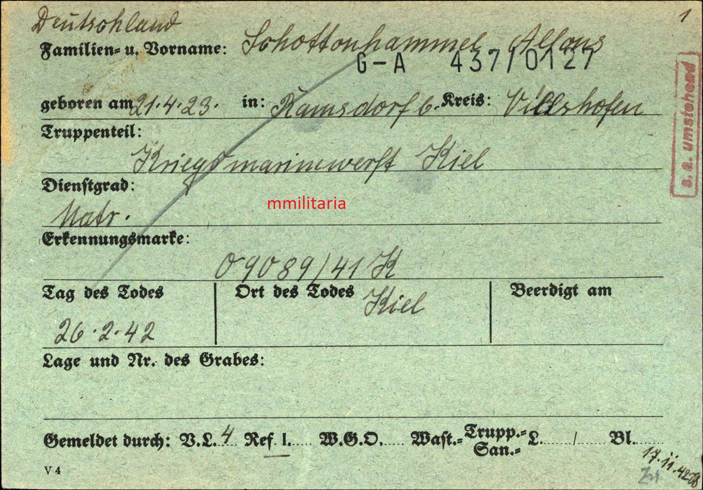 Sterbebild Matrose Ramsdorf Kriegsfreiwilliger Kriegsmarinewerft Kiel