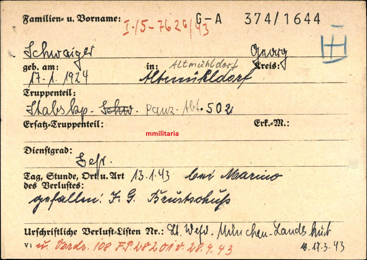 Sterbebild Gefreiter Altmühldorf Ladeschütze Stab Panzer Abt. 502 Leningrad Russland