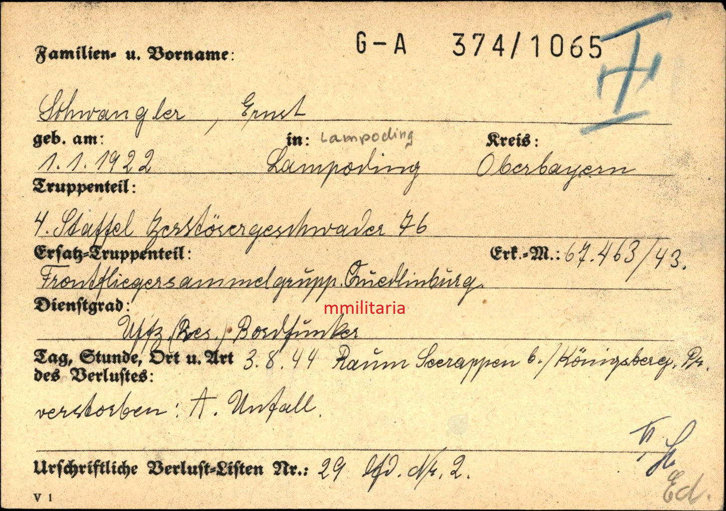 Sterbebild Unteroffizier Lampolding Bordfunker 4./ZG-76 FFS Silber Seerappen Königsberg Russland