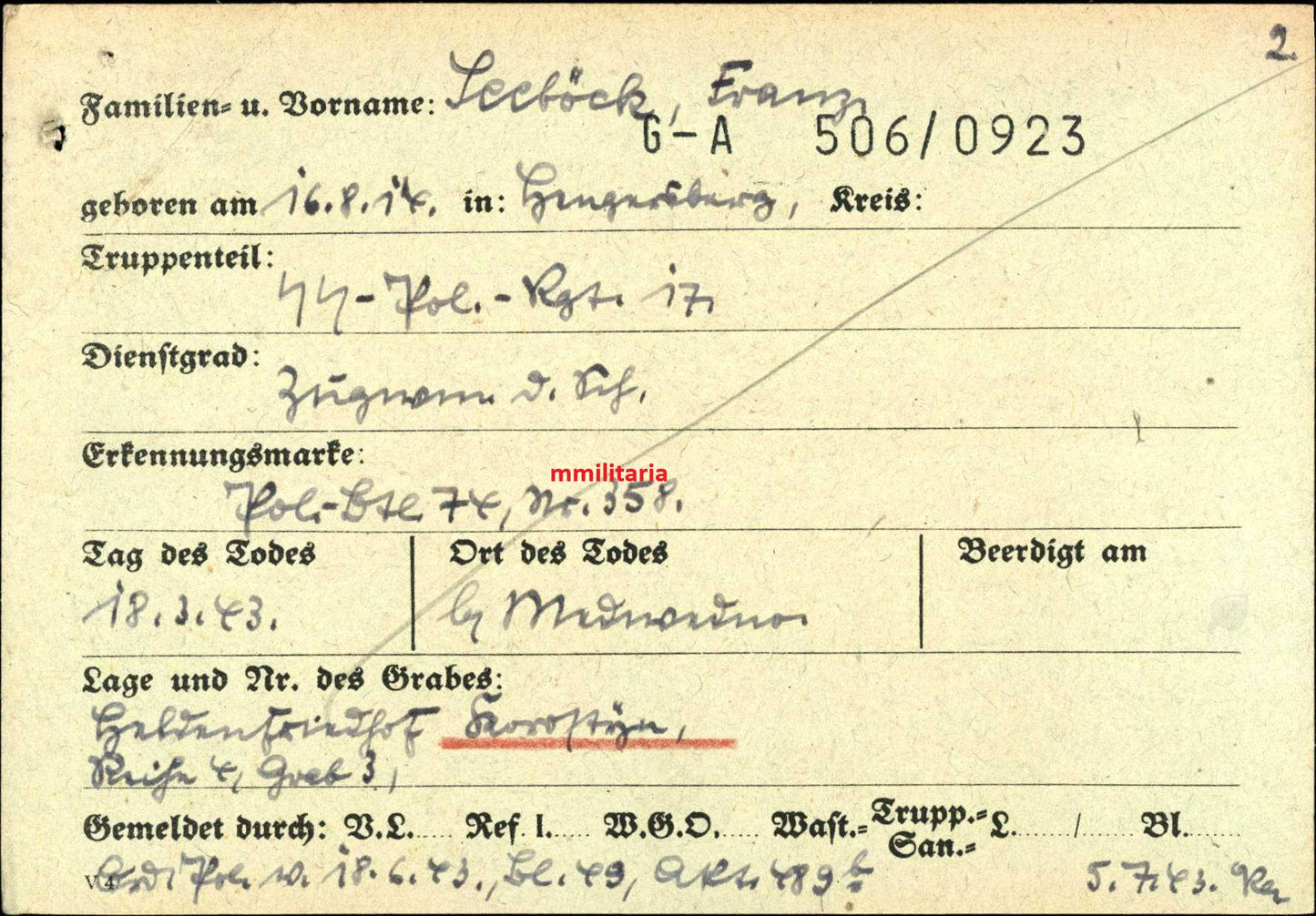 Sterbebild Oberwachtmeister Schutzpolizei Hengersberg SS-Polizei-Regt. 17 Ilmensee Korostyn Russland